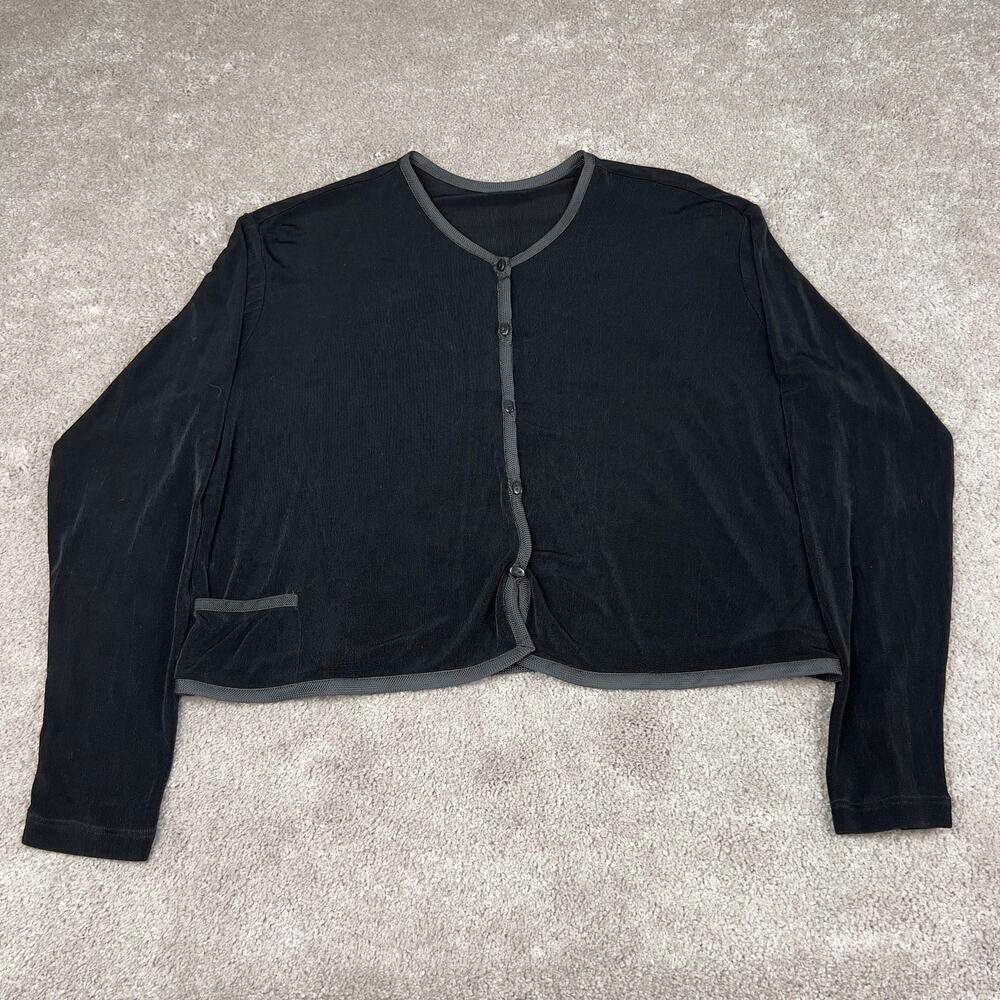 Flax Jeanne Engelhart Cropped Cardigan Size M Black Gray Trim Button Up Artisan
